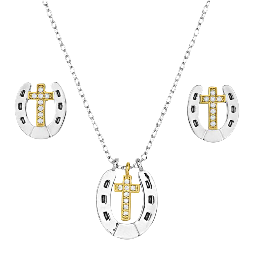 Montana Silversmiths Glowing Trails Cross Horseshoe Jewelry Set Bass